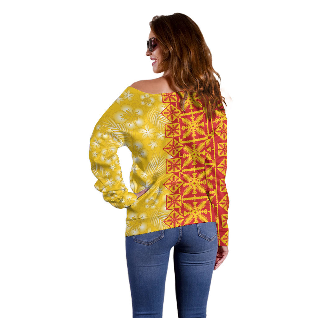 Kahili Quilt Hawaii Off Shoulder Sweater Tropical Flower Seamless Half Style LT14 - Polynesian Pride