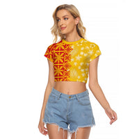 Kahili Quilt Hawaii Raglan Cropped T Shirt Tropical Flower Seamless Half Style