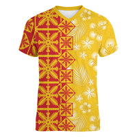 Kahili Quilt Hawaii Women V-Neck T-Shirt Tropical Flower Seamless Half Style