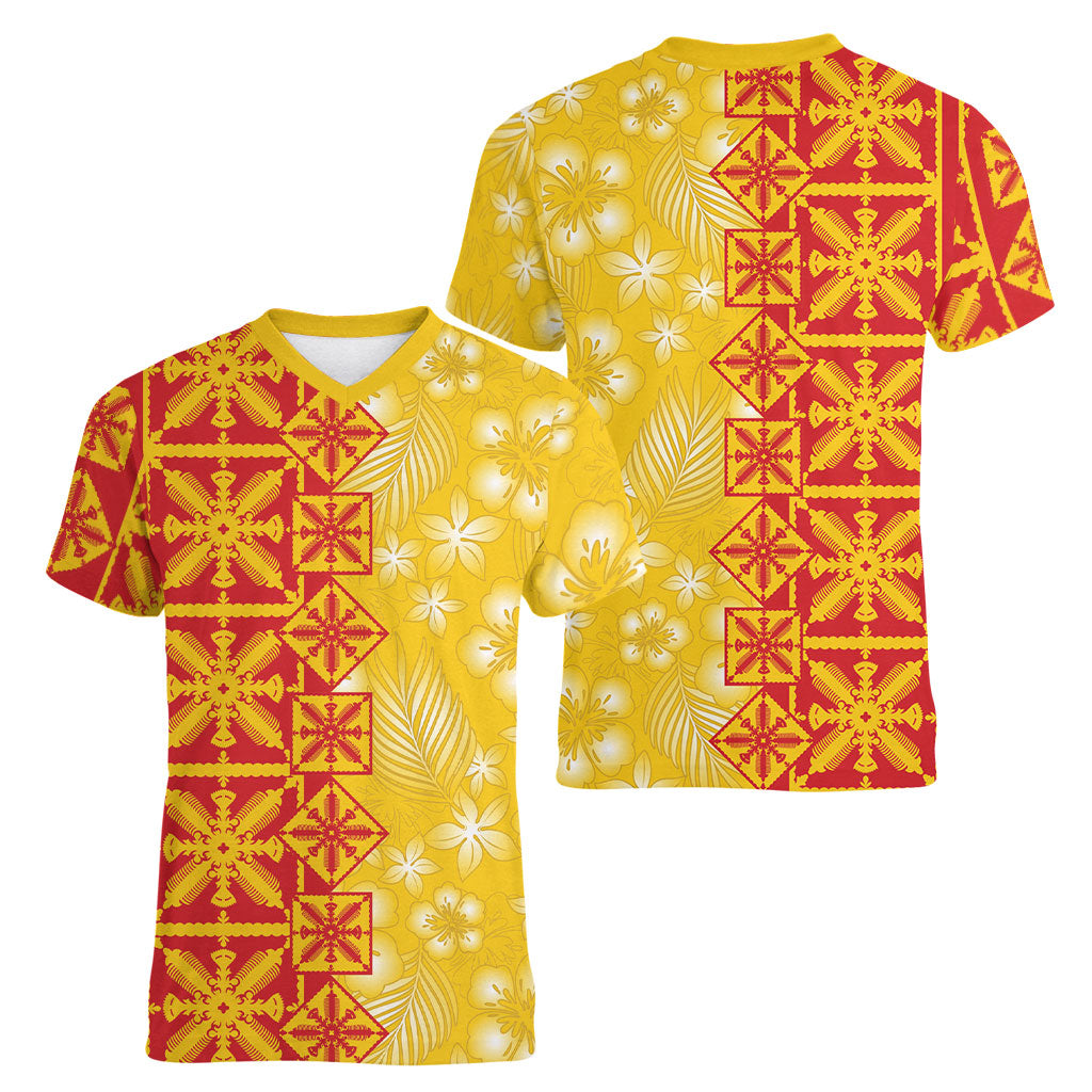 Kahili Quilt Hawaii Women V-Neck T-Shirt Tropical Flower Seamless Half Style