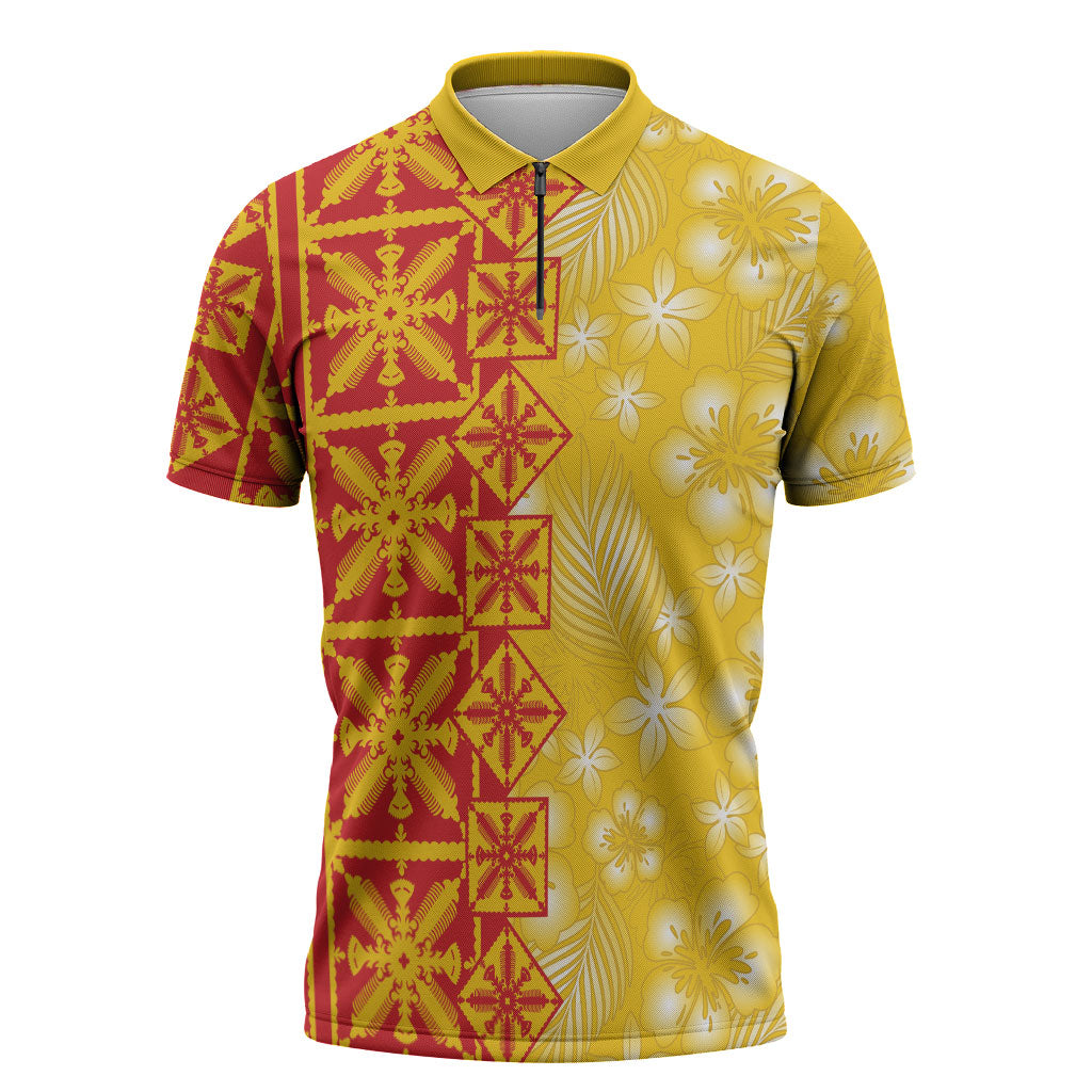 Kahili Quilt Hawaii Zipper Polo Shirt Tropical Flower Seamless Half Style