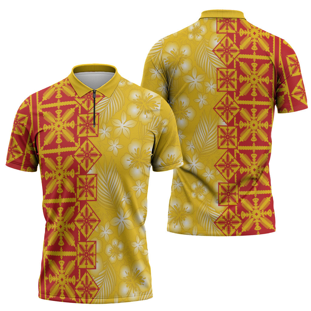 Kahili Quilt Hawaii Zipper Polo Shirt Tropical Flower Seamless Half Style