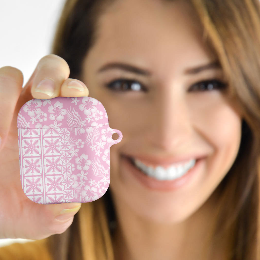 Pastel Pink Kahili Quilt Hawaii AirPods Case Tropical Flower Seamless Half Style