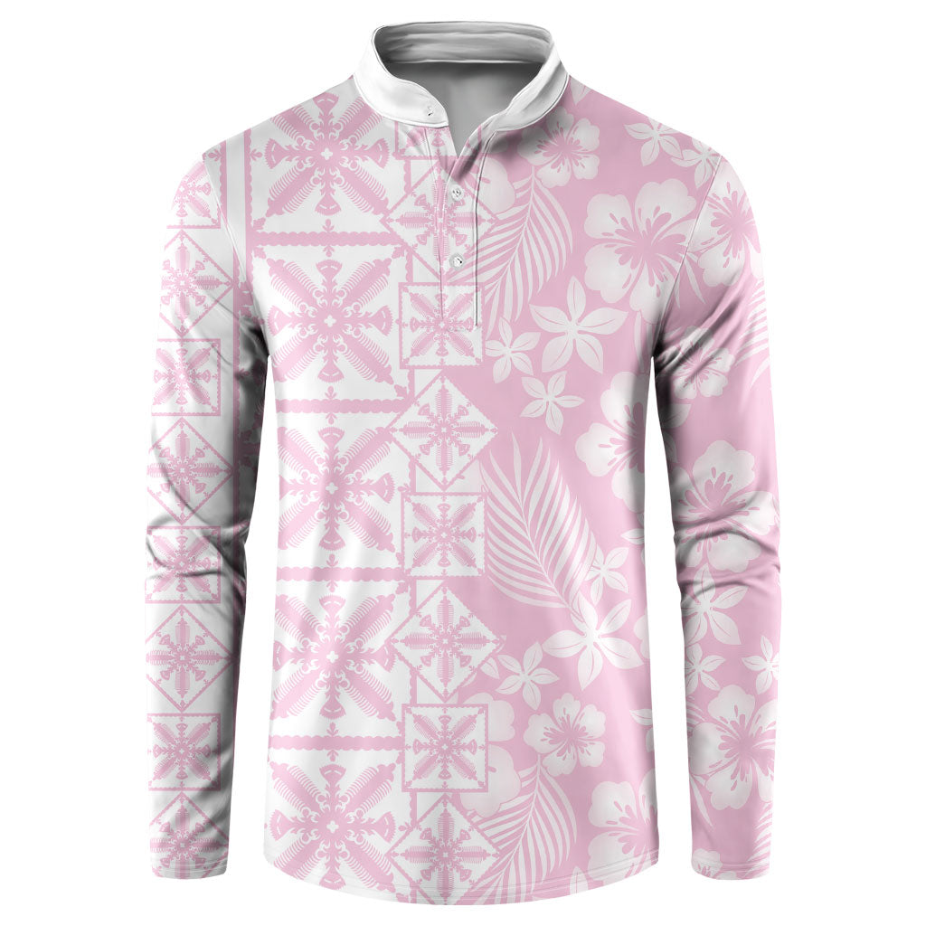 Pastel Pink Kahili Quilt Hawaii Button Sweatshirt Tropical Flower Seamless Half Style