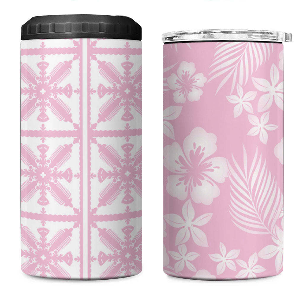 Pastel Pink Kahili Quilt Hawaii 4 in 1 Can Cooler Tumbler Tropical Flower Seamless Half Style