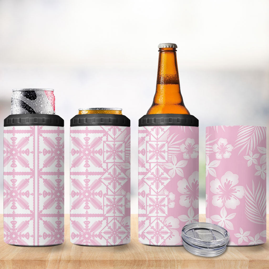 Pastel Pink Kahili Quilt Hawaii 4 in 1 Can Cooler Tumbler Tropical Flower Seamless Half Style