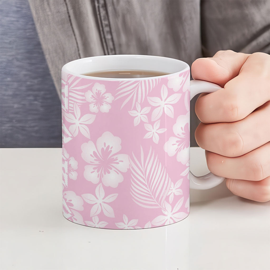 Pastel Pink Kahili Quilt Hawaii Ceramic Mug Tropical Flower Seamless Half Style