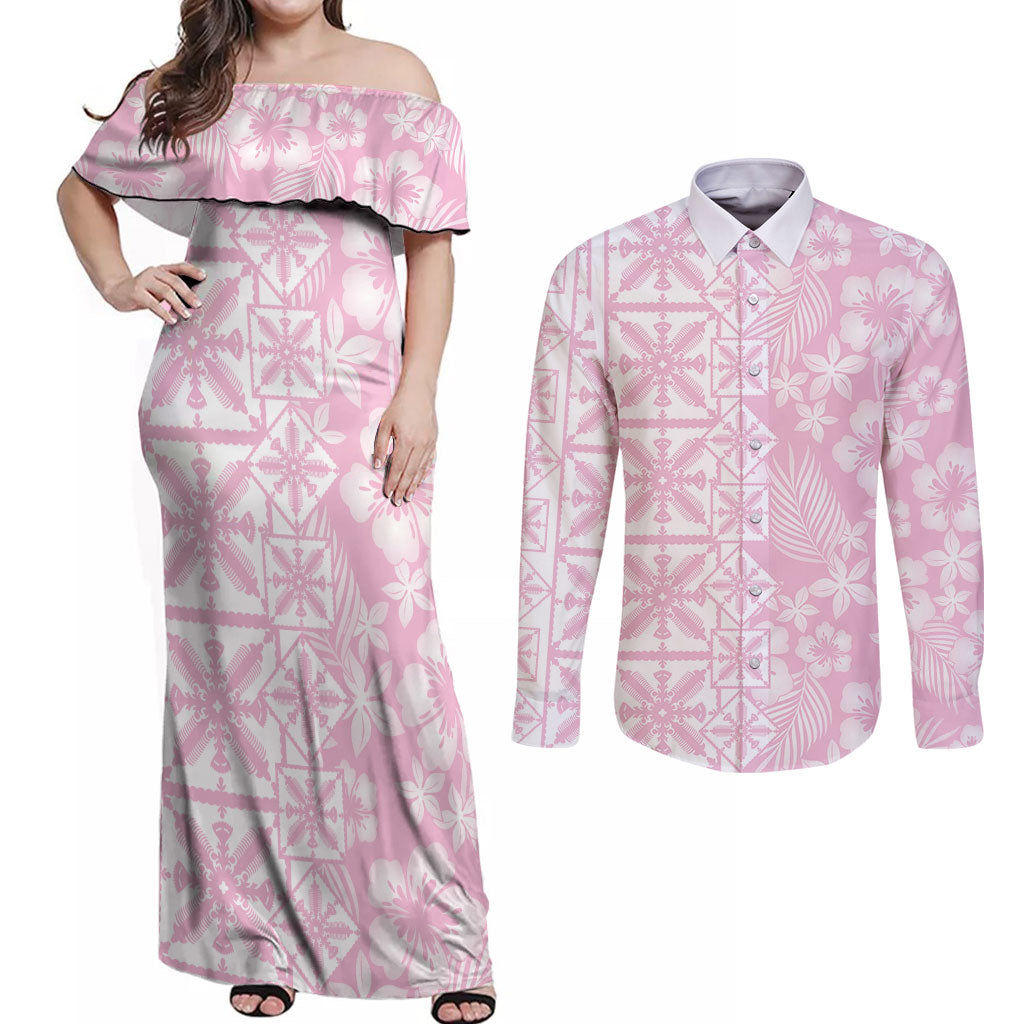 Pastel Pink Kahili Quilt Hawaii Couples Matching Off Shoulder Maxi Dress and Long Sleeve Button Shirt Tropical Flower Seamless Half Style