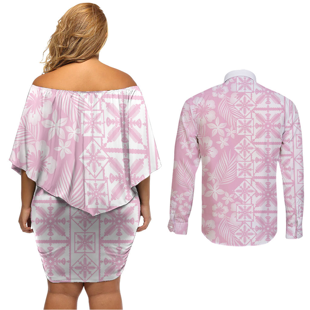 Pastel Pink Kahili Quilt Hawaii Couples Matching Off Shoulder Short Dress and Long Sleeve Button Shirt Tropical Flower Seamless Half Style