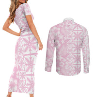 Pastel Pink Kahili Quilt Hawaii Couples Matching Short Sleeve Bodycon Dress and Long Sleeve Button Shirt Tropical Flower Seamless Half Style