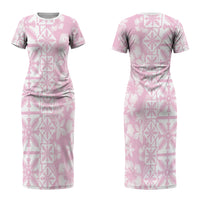 Pastel Pink Kahili Quilt Hawaii Couples Matching Short Sleeve Bodycon Dress and Long Sleeve Button Shirt Tropical Flower Seamless Half Style LT14 - Polynesian Pride