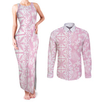Pastel Pink Kahili Quilt Hawaii Couples Matching Tank Maxi Dress and Long Sleeve Button Shirt Tropical Flower Seamless Half Style