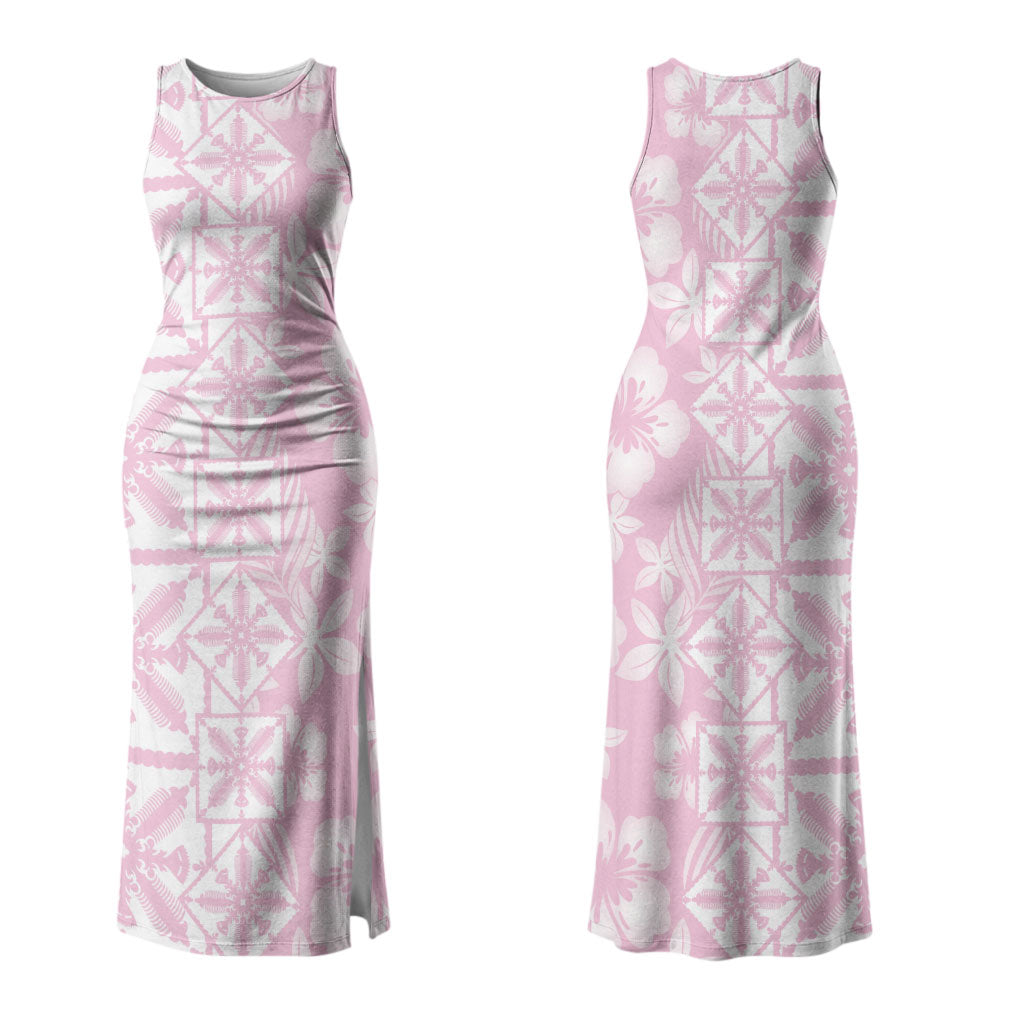 Pastel Pink Kahili Quilt Hawaii Couples Matching Tank Maxi Dress and Long Sleeve Button Shirt Tropical Flower Seamless Half Style LT14 - Polynesian Pride
