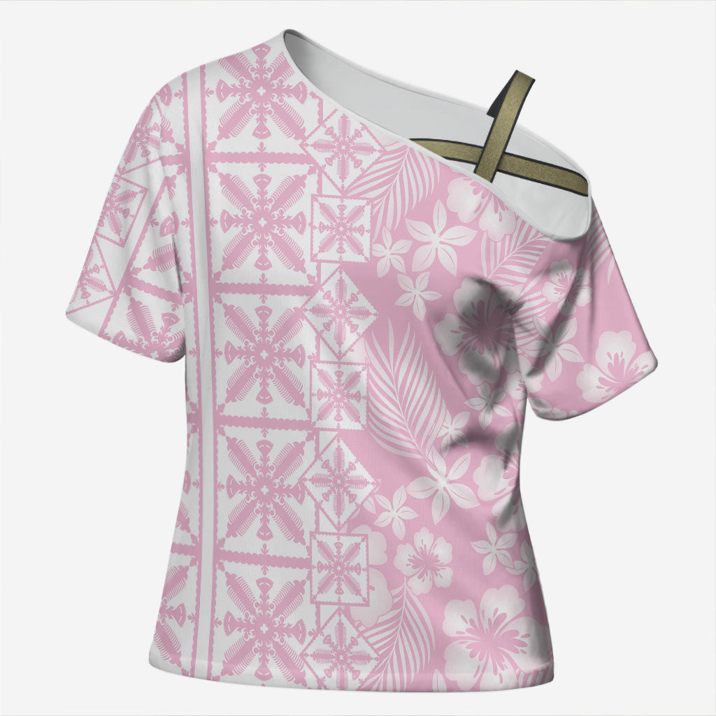 Pastel Pink Kahili Quilt Hawaii Cross Shoulder Shirt Tropical Flower Seamless Half Style