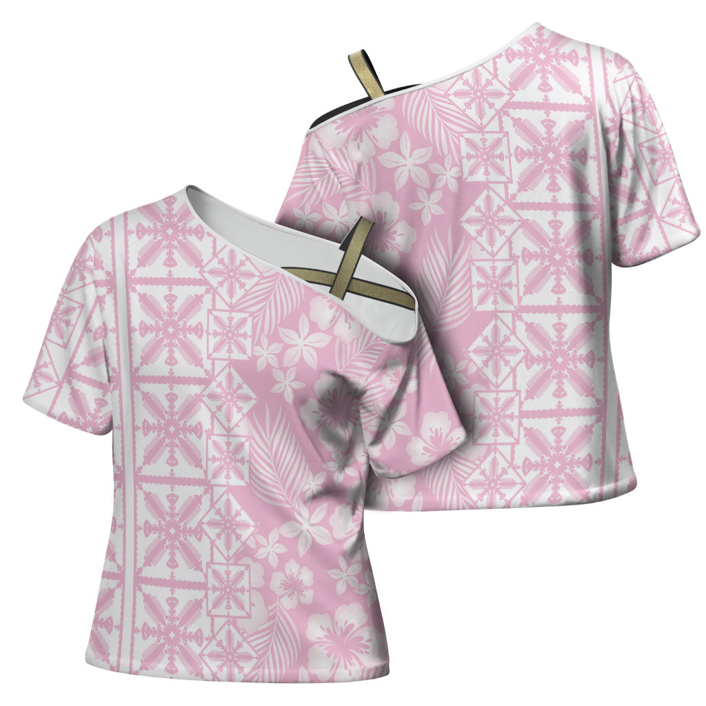 Pastel Pink Kahili Quilt Hawaii Cross Shoulder Shirt Tropical Flower Seamless Half Style