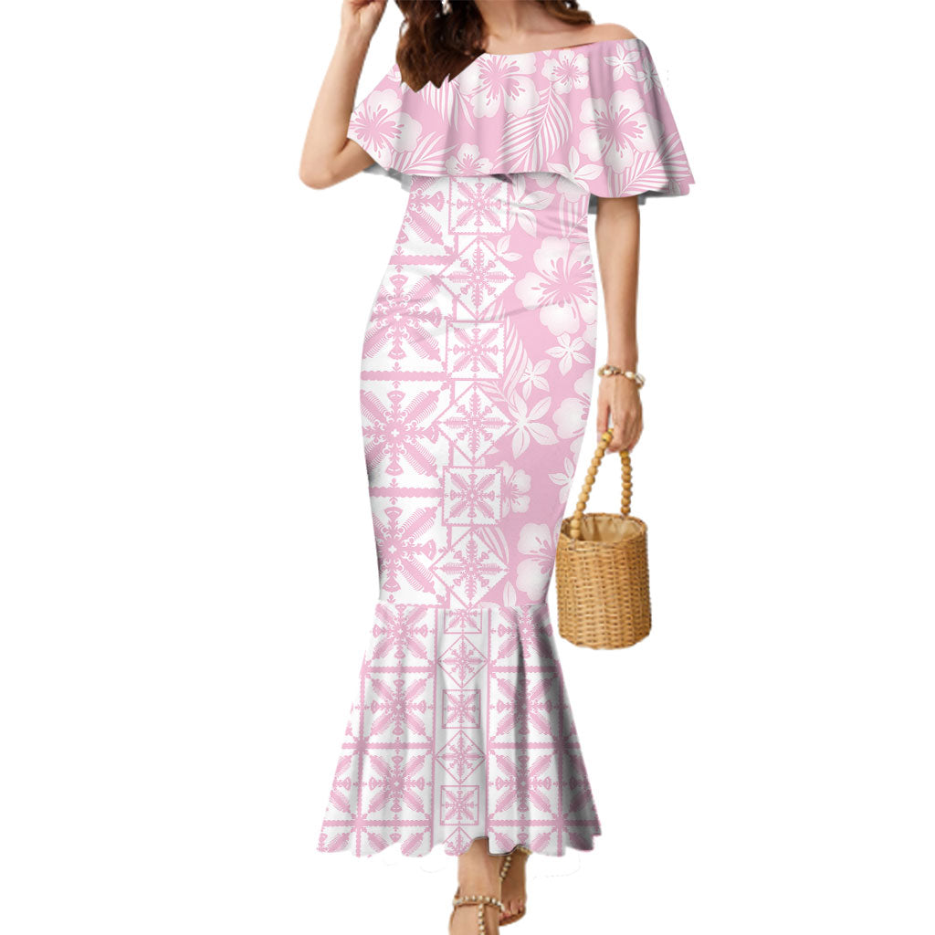 Pastel Pink Kahili Quilt Hawaii Family Matching Mermaid Dress and Hawaiian Shirt Tropical Flower Seamless Half Style LT14 Mom's Dress Pink - Polynesian Pride