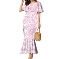 Pastel Pink Kahili Quilt Hawaii Family Matching Mermaid Dress and Hawaiian Shirt Tropical Flower Seamless Half Style LT14 Mom's Dress Pink - Polynesian Pride
