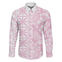 Pastel Pink Kahili Quilt Hawaii Family Matching Off Shoulder Maxi Dress and Hawaiian Shirt Tropical Flower Seamless Half Style LT14 Dad's Shirt - Long Sleeve Pink - Polynesian Pride
