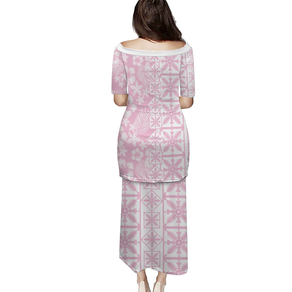 Pastel Pink Kahili Quilt Hawaii Family Matching Puletasi and Hawaiian Shirt Tropical Flower Seamless Half Style