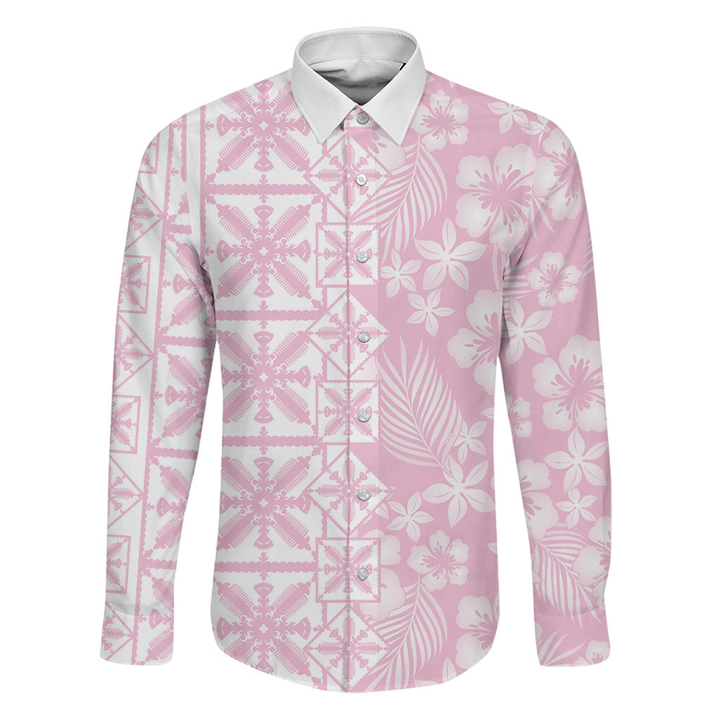Pastel Pink Kahili Quilt Hawaii Family Matching Summer Maxi Dress and Hawaiian Shirt Tropical Flower Seamless Half Style LT14 Dad's Shirt - Long Sleeve Pink - Polynesian Pride