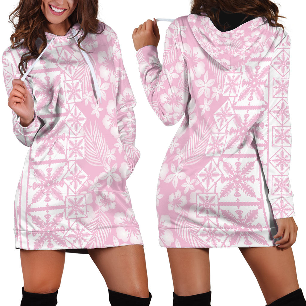 Pastel Pink Kahili Quilt Hawaii Hoodie Dress Tropical Flower Seamless Half Style