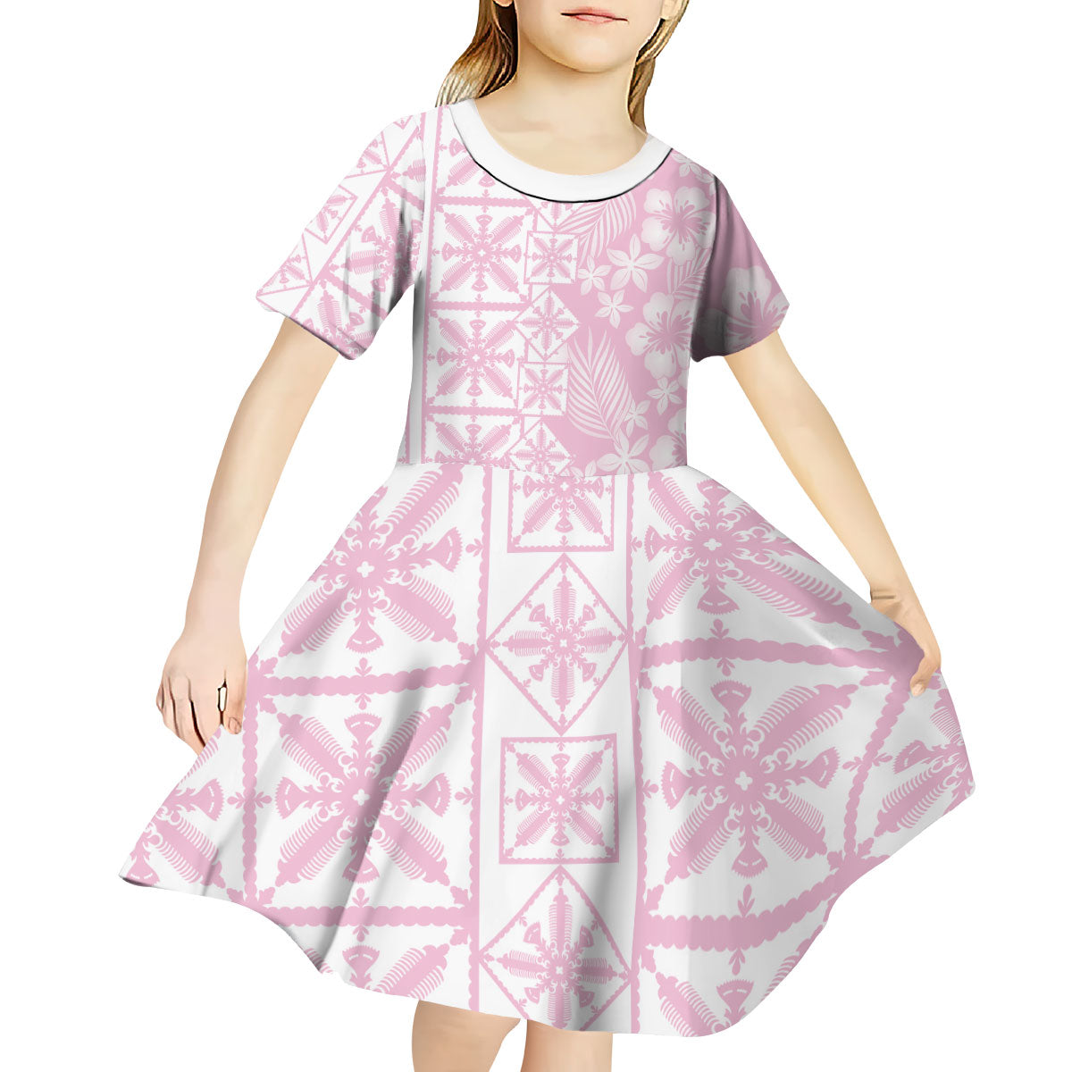 Pastel Pink Kahili Quilt Hawaii Kid Short Sleeve Dress Tropical Flower Seamless Half Style