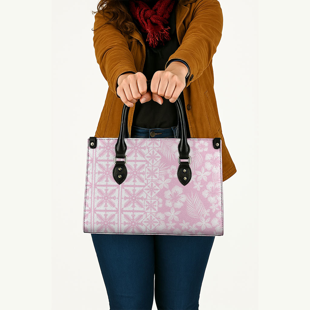 Pastel Pink Kahili Quilt Hawaii Leather Bag Tropical Flower Seamless Half Style