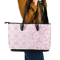 Pastel Pink Kahili Quilt Hawaii Leather Tote Bag Tropical Flower Seamless Half Style