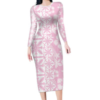 Pastel Pink Kahili Quilt Hawaii Long Sleeve Bodycon Dress Tropical Flower Seamless Half Style