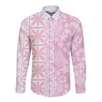 Pastel Pink Kahili Quilt Hawaii Long Sleeve Button Shirt Tropical Flower Seamless Half Style