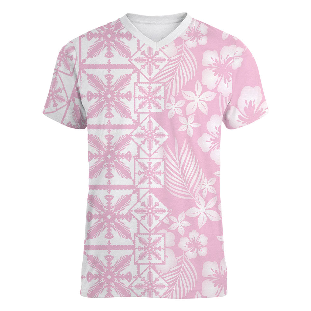 Pastel Pink Kahili Quilt Hawaii Women V-Neck T-Shirt Tropical Flower Seamless Half Style