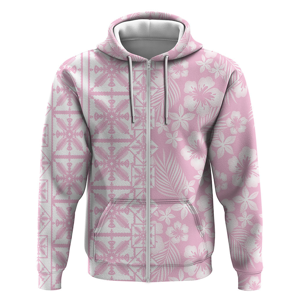 Pastel Pink Kahili Quilt Hawaii Zip Hoodie Tropical Flower Seamless Half Style