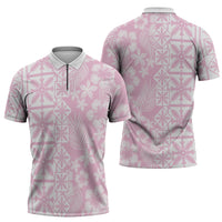 Pastel Pink Kahili Quilt Hawaii Zipper Polo Shirt Tropical Flower Seamless Half Style