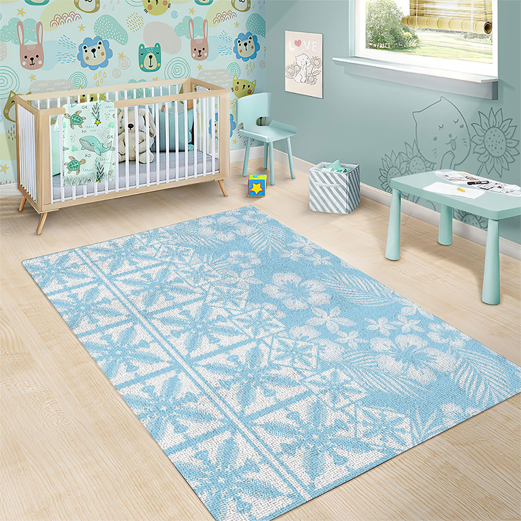 Pastel Blue Kahili Quilt Hawaii Area Rug Tropical Flower Seamless Half Style