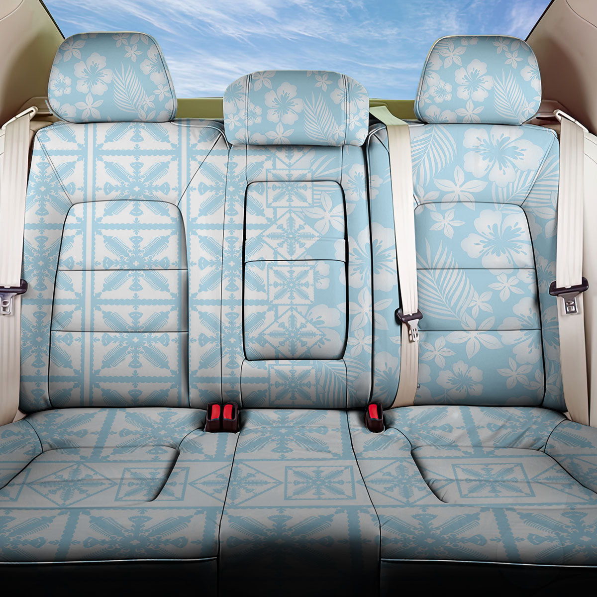 Pastel Blue Kahili Quilt Hawaii Back Car Seat Cover Tropical Flower Seamless Half Style
