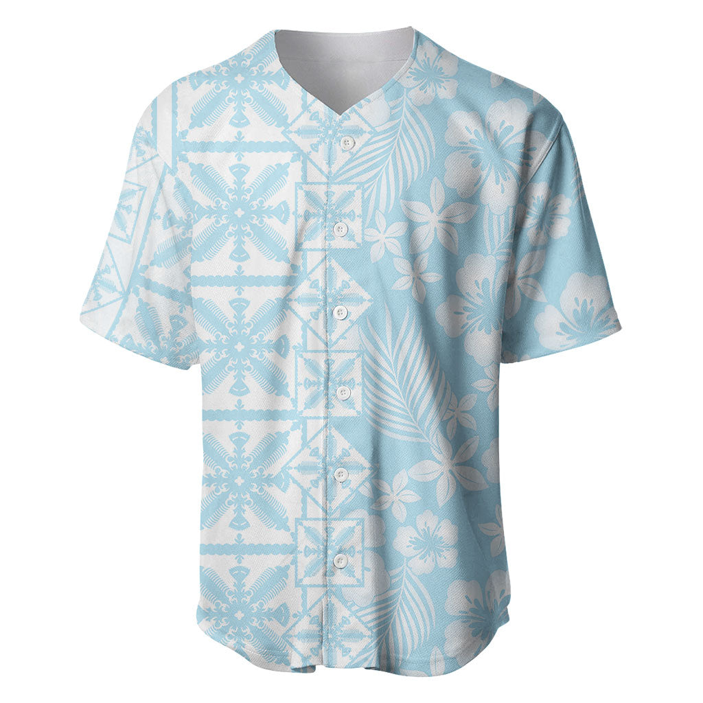Pastel Blue Kahili Quilt Hawaii Baseball Jersey Tropical Flower Seamless Half Style