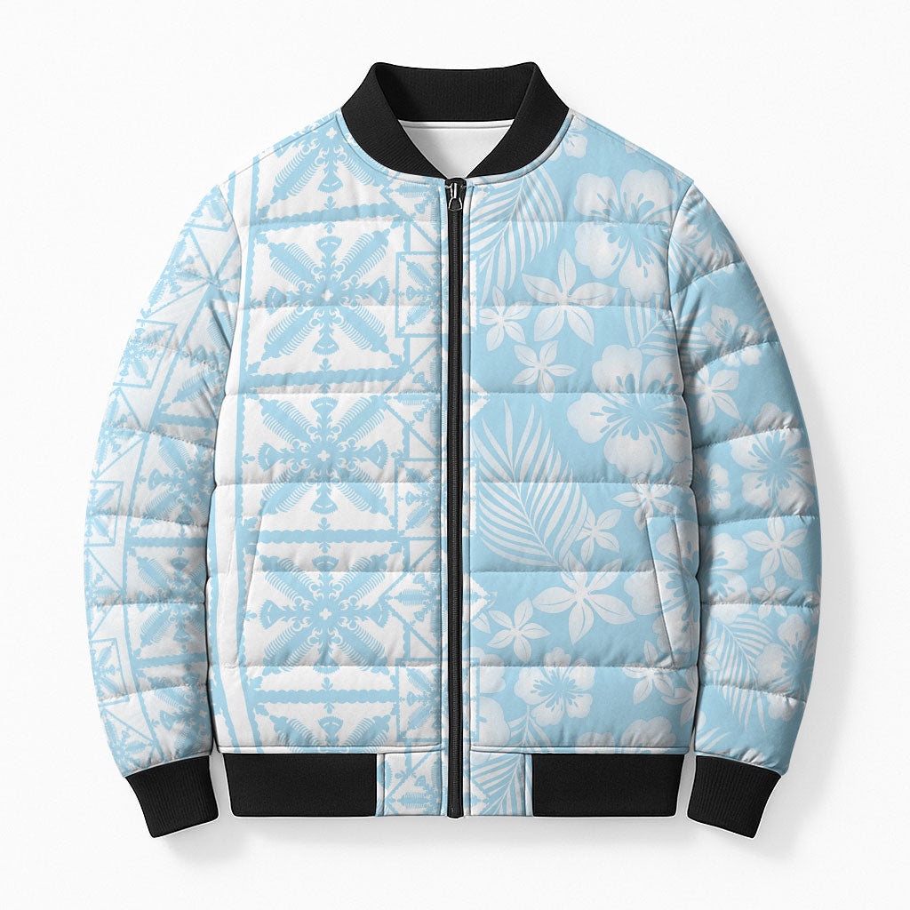 Pastel Blue Kahili Quilt Hawaii Bomber Puffer Jacket Tropical Flower Seamless Half Style LT14 Unisex Blue - Polynesian Pride