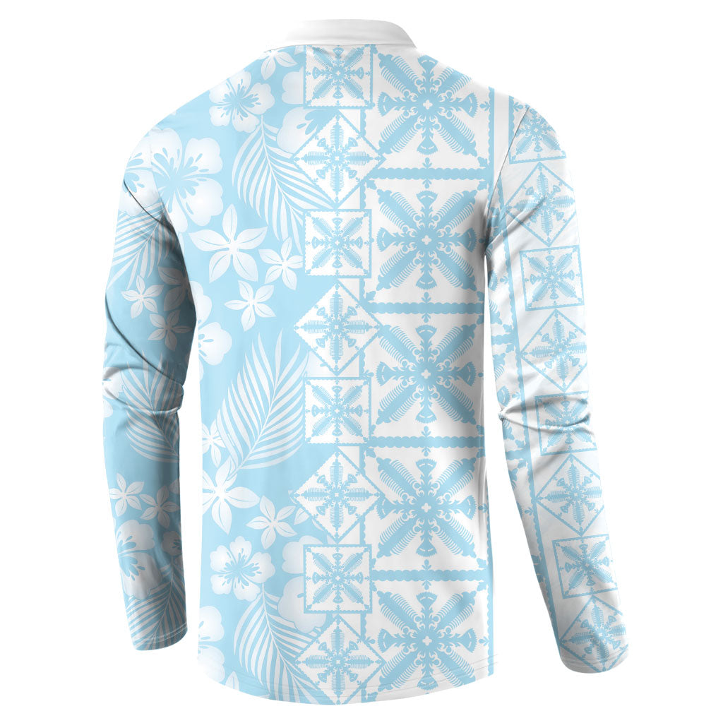 Pastel Blue Kahili Quilt Hawaii Button Sweatshirt Tropical Flower Seamless Half Style