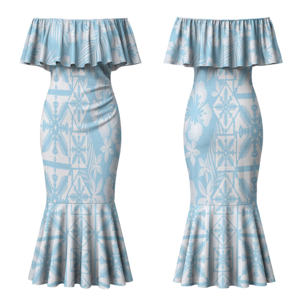 Pastel Blue Kahili Quilt Hawaii Couples Matching Mermaid Dress and Hawaiian Shirt Tropical Flower Seamless Half Style LT14 - Polynesian Pride