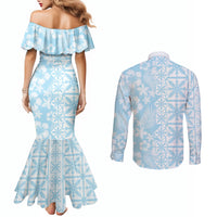 Pastel Blue Kahili Quilt Hawaii Couples Matching Mermaid Dress and Long Sleeve Button Shirt Tropical Flower Seamless Half Style