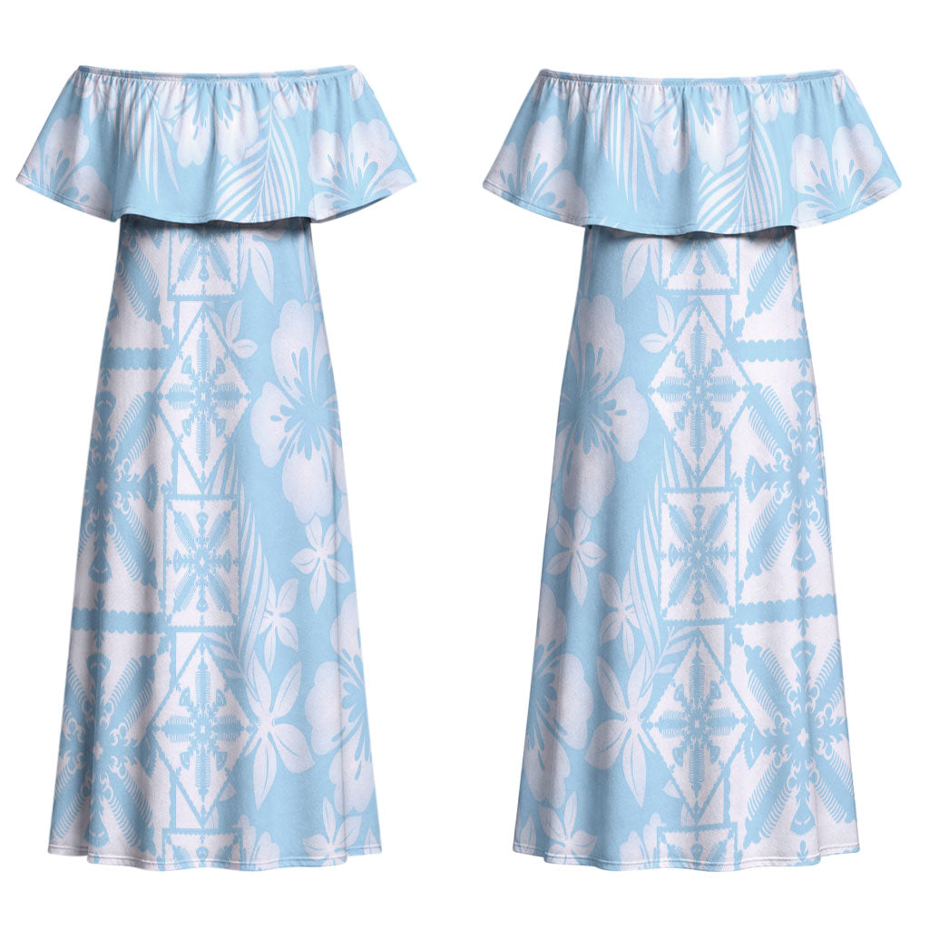 Pastel Blue Kahili Quilt Hawaii Couples Matching Off Shoulder Maxi Dress and Hawaiian Shirt Tropical Flower Seamless Half Style LT14 - Polynesian Pride