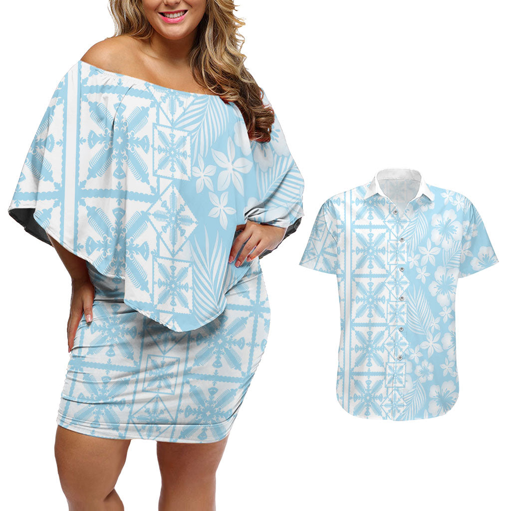 Pastel Blue Kahili Quilt Hawaii Couples Matching Off Shoulder Short Dress and Hawaiian Shirt Tropical Flower Seamless Half Style