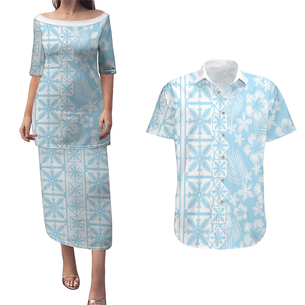 Pastel Blue Kahili Quilt Hawaii Couples Matching Puletasi and Hawaiian Shirt Tropical Flower Seamless Half Style LT14 Blue - Polynesian Pride