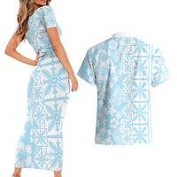 Pastel Blue Kahili Quilt Hawaii Couples Matching Short Sleeve Bodycon Dress and Hawaiian Shirt Tropical Flower Seamless Half Style