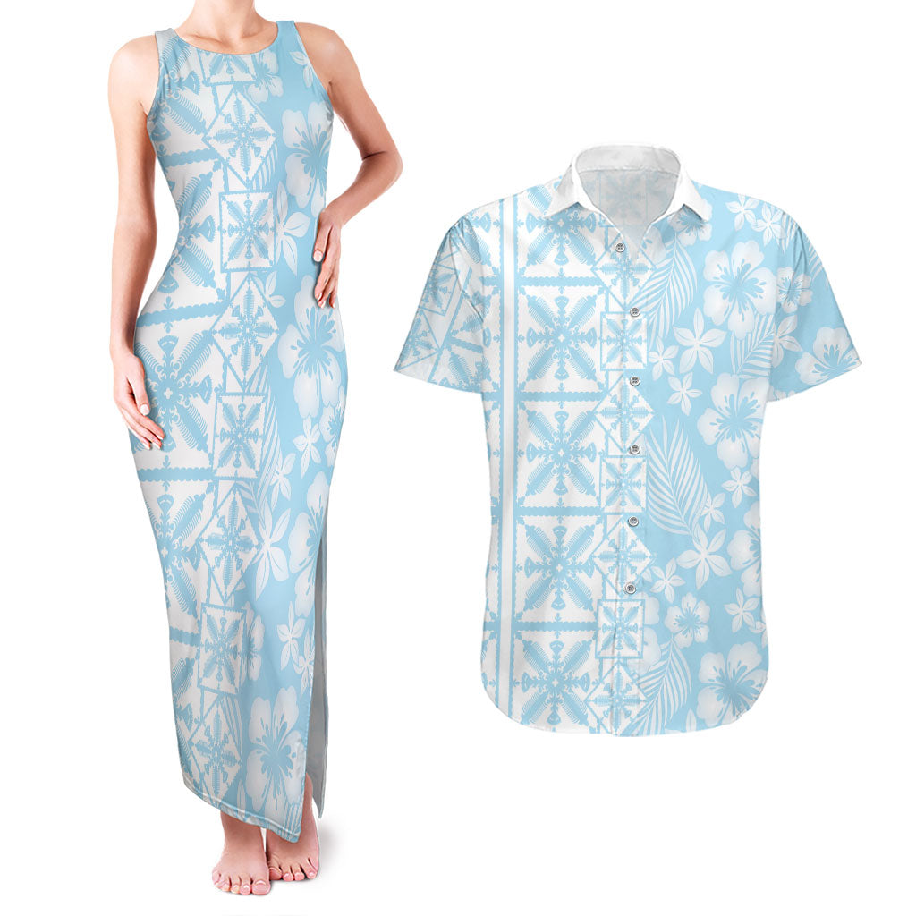 Pastel Blue Kahili Quilt Hawaii Couples Matching Tank Maxi Dress and Hawaiian Shirt Tropical Flower Seamless Half Style LT14 Blue - Polynesian Pride