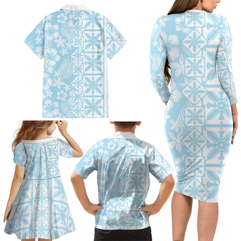Pastel Blue Kahili Quilt Hawaii Family Matching Long Sleeve Bodycon Dress and Hawaiian Shirt Tropical Flower Seamless Half Style LT14 - Polynesian Pride