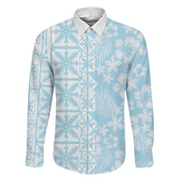 Pastel Blue Kahili Quilt Hawaii Family Matching Long Sleeve Bodycon Dress and Hawaiian Shirt Tropical Flower Seamless Half Style LT14 Dad's Shirt - Long Sleeve Blue - Polynesian Pride