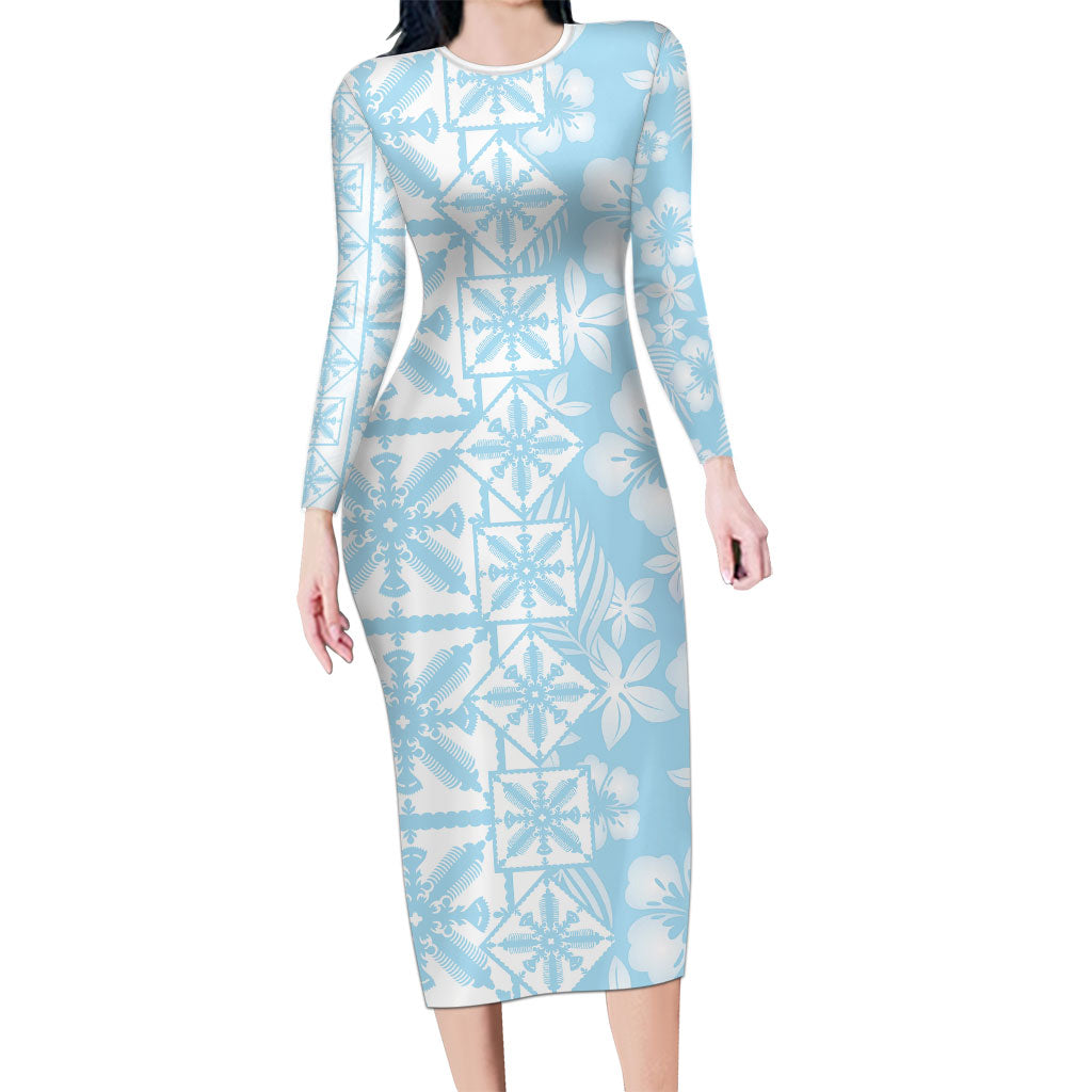 Pastel Blue Kahili Quilt Hawaii Family Matching Long Sleeve Bodycon Dress and Hawaiian Shirt Tropical Flower Seamless Half Style LT14 Mom's Dress Blue - Polynesian Pride