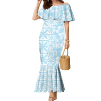 Pastel Blue Kahili Quilt Hawaii Family Matching Mermaid Dress and Hawaiian Shirt Tropical Flower Seamless Half Style LT14 Mom's Dress Blue - Polynesian Pride