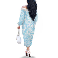 Pastel Blue Kahili Quilt Hawaii Family Matching Off The Shoulder Long Sleeve Dress and Hawaiian Shirt Tropical Flower Seamless Half Style LT14 - Polynesian Pride